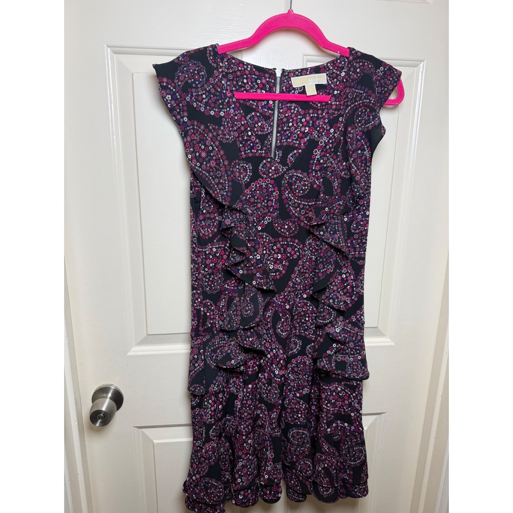 Michael Kors Womens Paisley Floral Ruffle Tiered V-Neck Dress